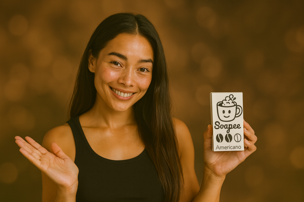 Soaphee smiling and holding a Soapee Americano soap bar in front of a coffee-coloured bokeh background.