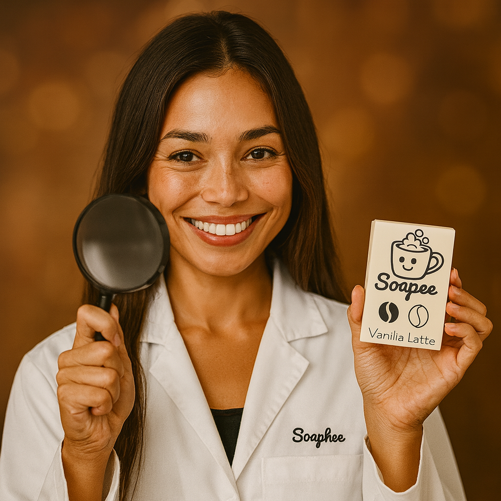 Soaphee in a lab coat holding a Vanilla Latte Soapee bar with a magnifying glass, coffee bokeh background